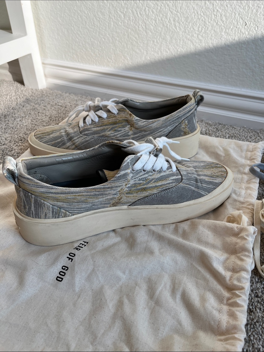 Fear of God Men’s Low-Top Canvas Sneakers in Camo Gray and Cream - Picture 6 of 10